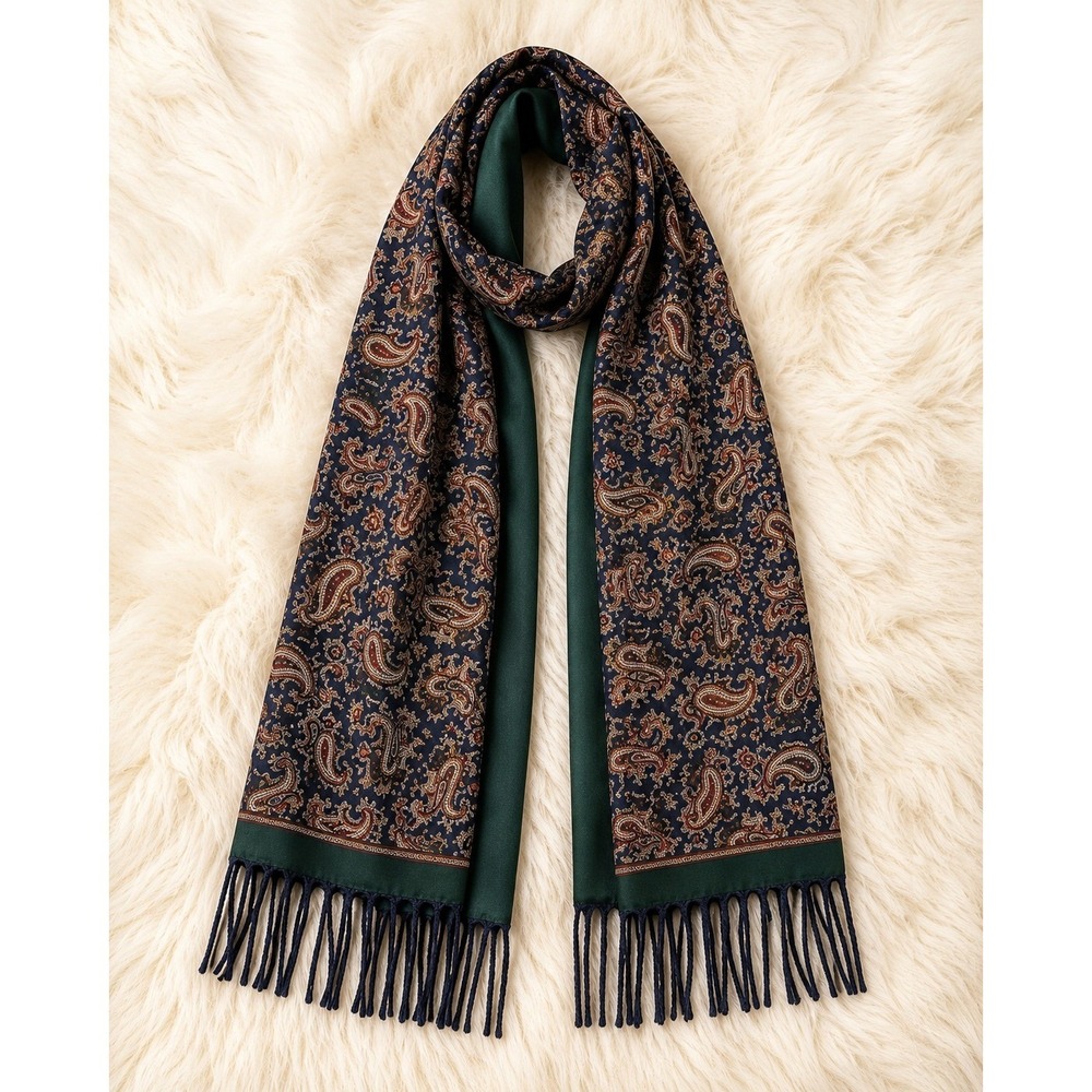 Geoffrey Beene Reversible Wool Silk Scarf Paisley Fringe Italy Luxury Navy Blue